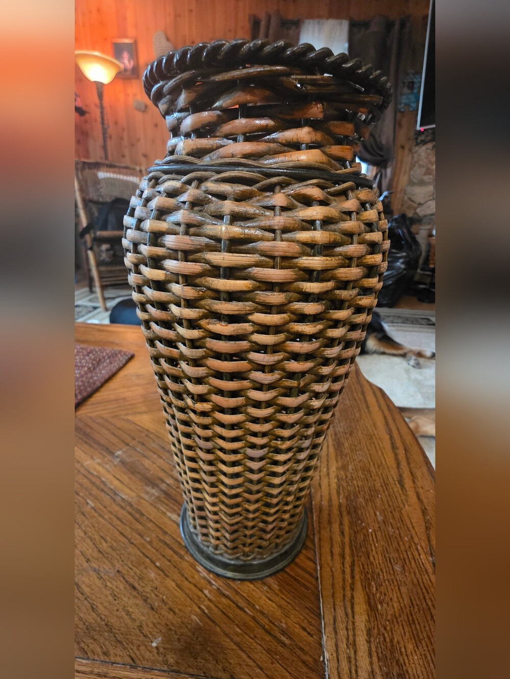Home Interiors Woven Rattan Style Vase with Metal Stand Rustic Boho Decor